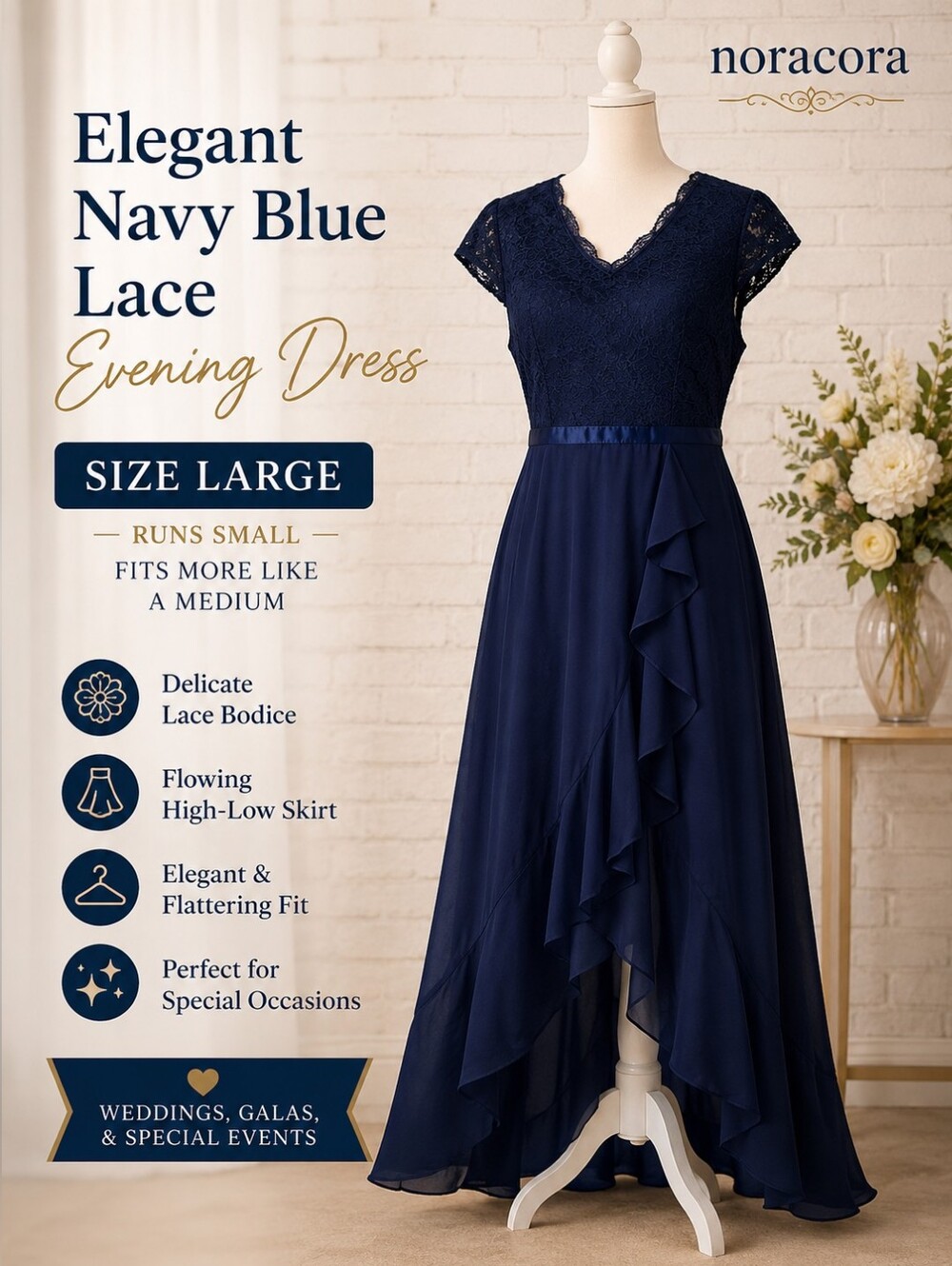 Elegant Navy Blue Lace Evening Dress.